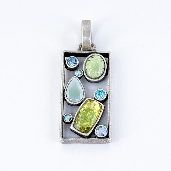 Vintage Silver Plate Blue Green Glass Crystal Rhinestone Modernist Pendant - Picture 2 of 6
